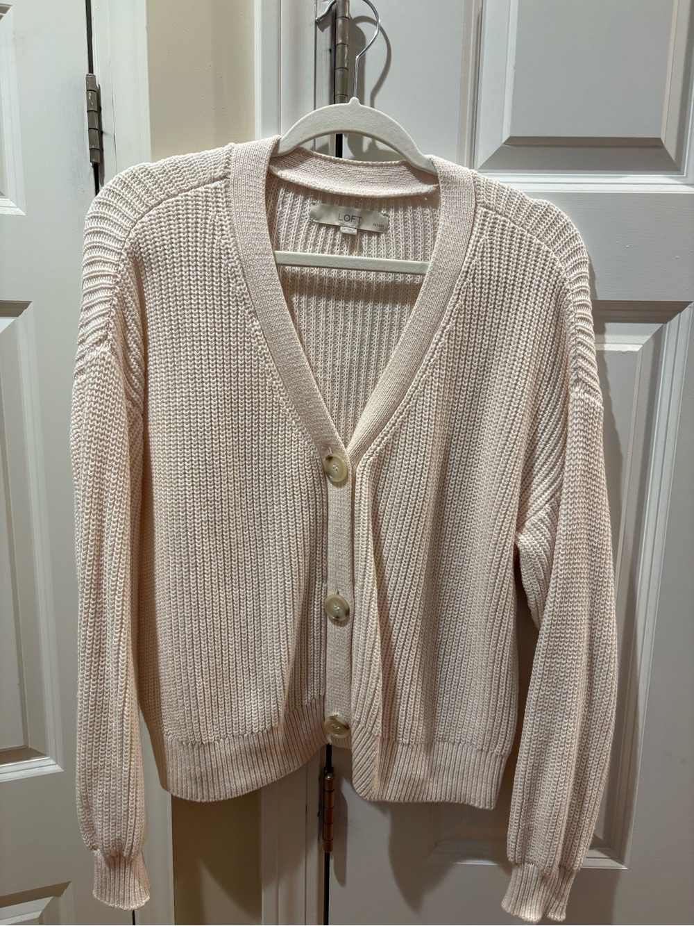 LOFT Cream Ribbed V‑Neck Button Cardigan